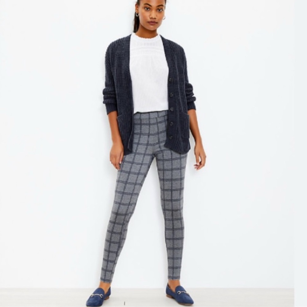 NEW Ann Taylor LOFT Plaid Ponte Leggings Gray/Navy Large Fitted Stretch Pull-On